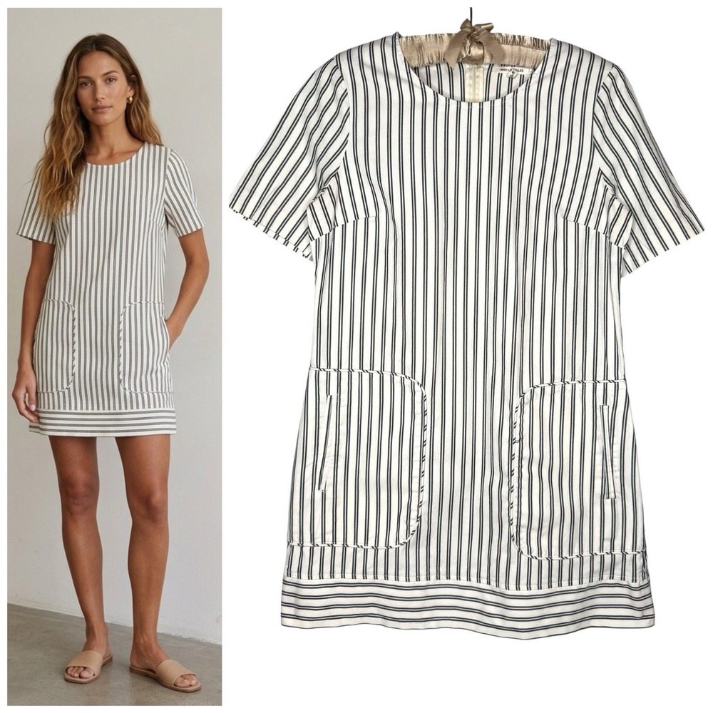 Avec Les Filles M Striped Mini Dress Thick Cotton Dress Pockets Minimalist Beach